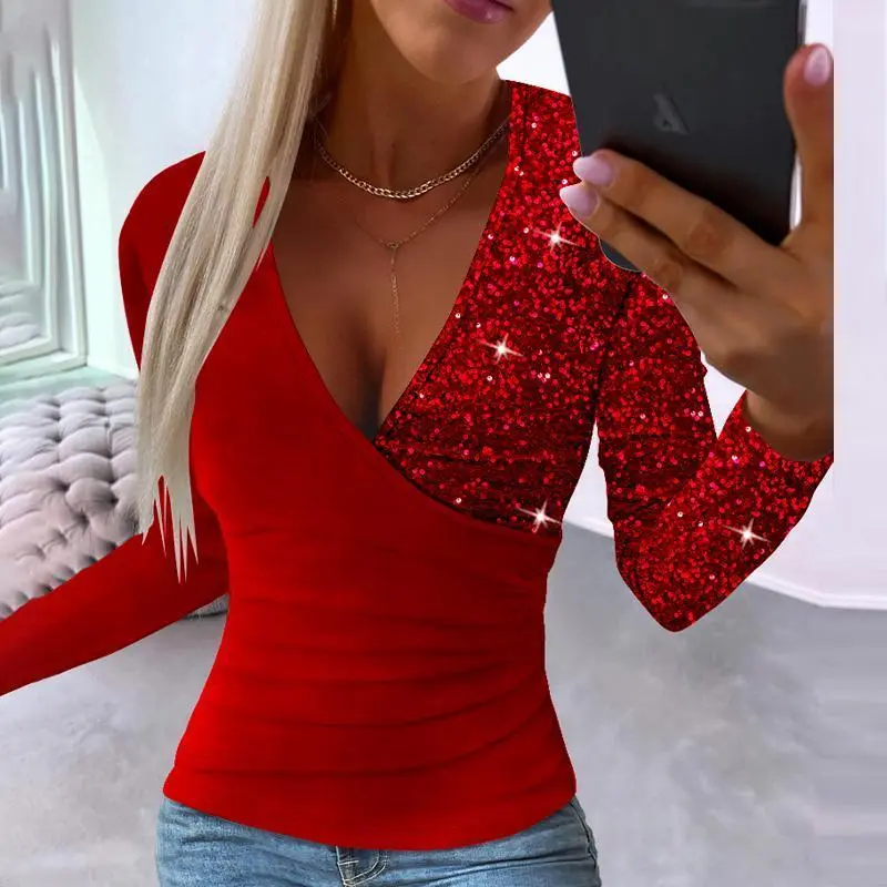 2025 Women's Ruched V-Neck Contrast Sequin Crisis Cross Overlap Tee Casual Top Shirts Womenswear Blouse Chic