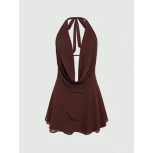 Women's Solid Color Plunging Backless Tie Neck Mini Dress, Summer