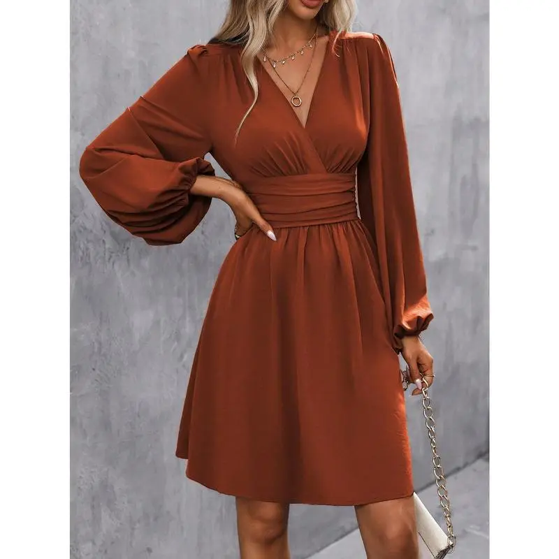 Surplice Neck Lantern Sleeve Ruched Waist Dress