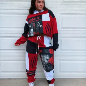 Gothic Halloween Patchwork Hoodie & Jogger Set - Horror Character Streetwear Matching Couple Outfit Eco-Friendly Sustainable Fashion Vintage Fabrics Spooky Fall Clothing for Halloween Events