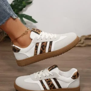 Women'sWhiteSneakers,Mesh&LeatherMix,Leopard-PrintStripesandCollarAccent,GumRubberSole,ComfortableCasualWalkingShoes,VersatileAll-MatchFashionTrainers,TrendySeason-TransitingRetro-InspiredSportsSneakersBlouses & Shirts
