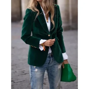 [Quick delivey] Elegant Women's Green Blazer - Chic Retro Single-Breasted Jacket with Golden Buttons, and Stretchy Polyester Blend for  Seasons, Versatile Women's Blazer | Retro Chic Jacket | Stretchy Coats Spandex Fabric Womenswear Tops（gift）