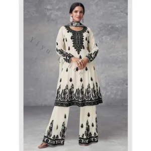 Women'S Ethnic Style Casual Polyester Kameez with Floral Pattern, Crew Neck, Elasticated Woven Fabric, 95% Polyester 5% Elastane, 110gsm, Spring/Fall Wear