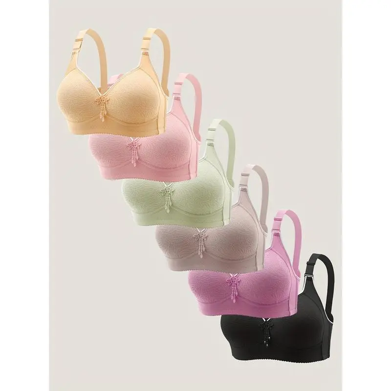 6-Pack Wireless Push-Up Bra 6-Pack Elegant Mature Style Push-Up Wireless Bra Nylon Knitted Fabric Non-Removable Pads Comfortable Fit Women's Solid Color Underwear