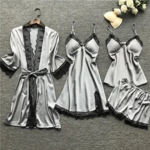 Lace Silk Pajamas Set Nightdress Sexy Lingerie Robe Women Sleepwear 4 Pieces Suits Sleeping Top And Shorts Femme Pijama Mujer Pj Loungewear Womenswear Homewear Solid