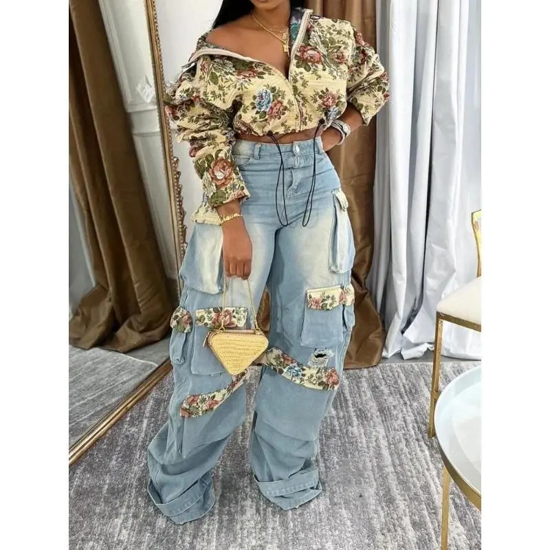 Washed Women's Full Sleeve Floral Jacket and Pocket Cargo Jeans Top Clothes Suits Baggy Womenswear Comfort Turtleneck Loose Oversize Oversized two piece outfit 2 piece sets women No.021 Pants Gamis