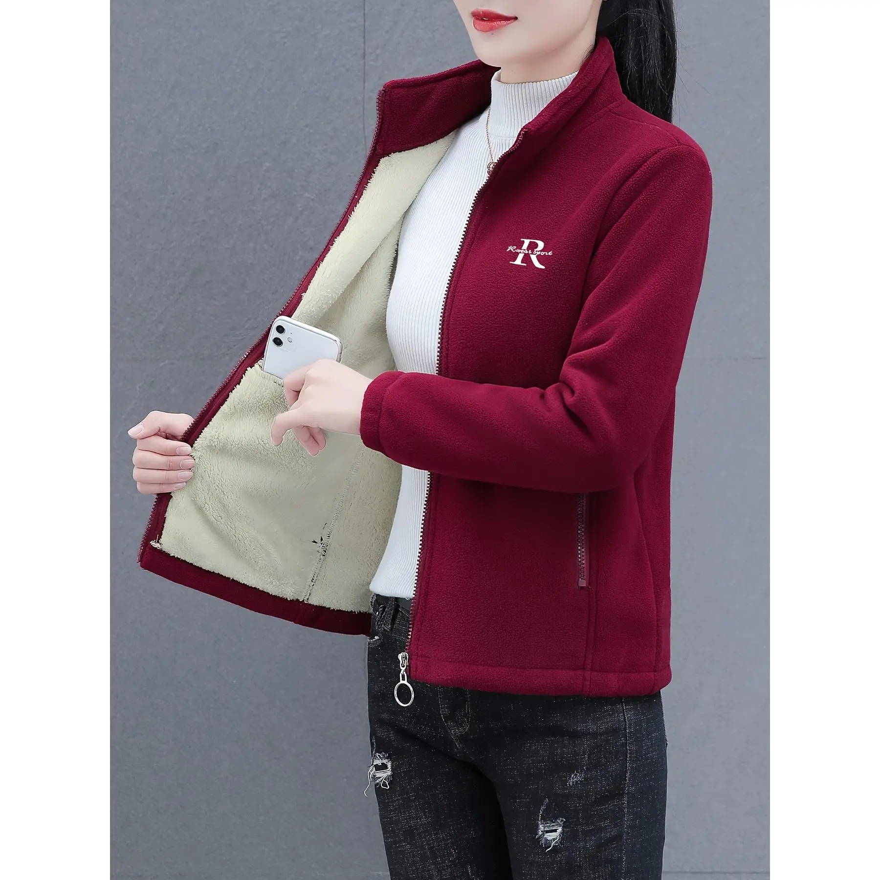 2024 Autumn and Winter New Women's Fleece Jacket Plus Velvet Warm Cardigan