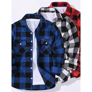 3pcsMen'SPlaidShirtSet,LongSleeveCasualButton-DownwithLapelCollarandChestPockets,Polyester100%,Non-StretchWovenFabric,RegularFitforSpring/Fall-Red,Blue&BlackComboPackBlouses & Shirts