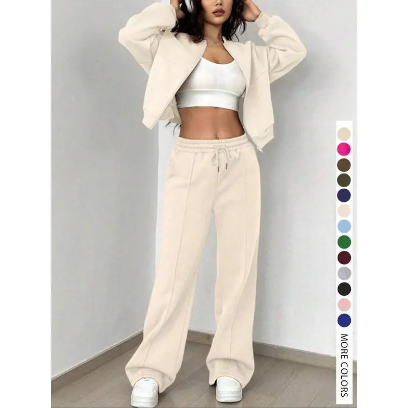 Two-piece Set Women's Solid Zip Up Drop Shoulder Long Sleeve Jacket & Pocket Elastic Waist Pants, Casual Fashion Cozy Breathable Two Piece Outfits for Daily Outdoor Wear, Ladies Clothes for All Seasons