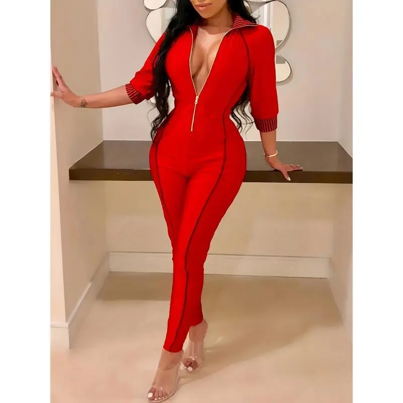 Women's High Waist Skinny Jumpsuit - Long Sleeve Zip-Up Bodycon Romper,Orange Stretchy Playsuit for Spring & Fall, Comfortable Elegance Everyday Fit