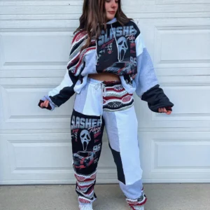 Ghost Face Horror Character Patchwork Hoodie Jogger Set – Sustainable Streetwear Couple Outfit with Vintage Fabrics, Spooky Gothic Matching Halloween Clothes for Eco-Friendly Fall Fashion Lovers