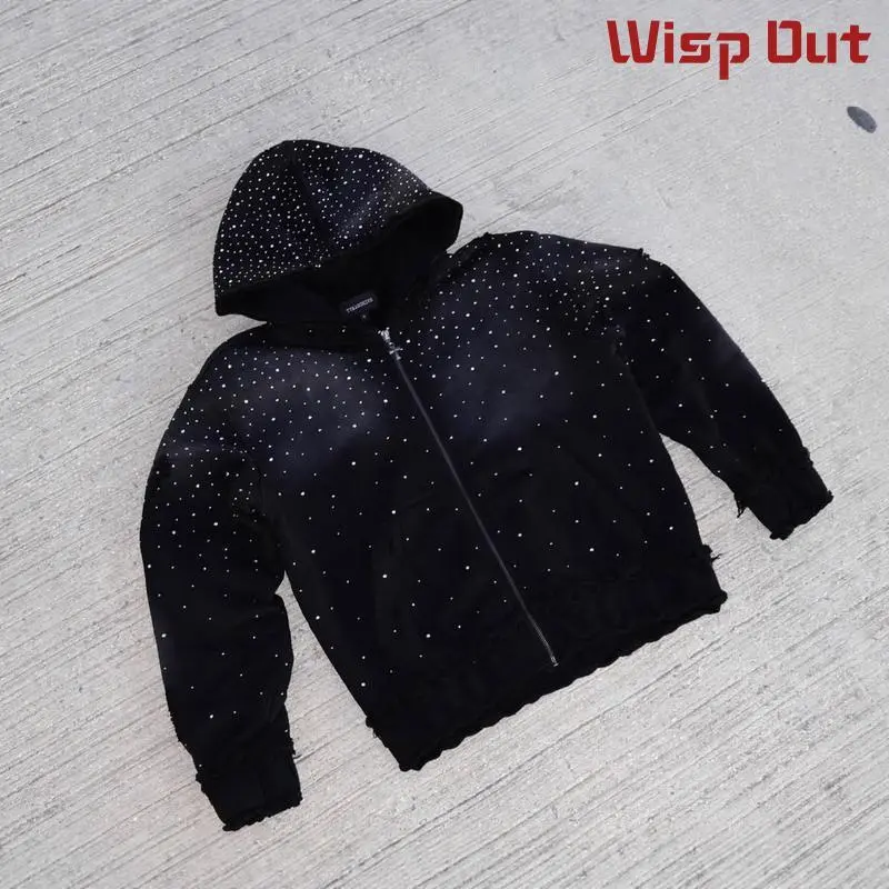 Men's Autumn Winter Trendy Starry Sky Rhinestone Hooded Zipper Sweatshirt Men's Street Hip Hop Loose Jacket
