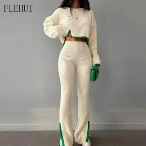 2025 New Women's Casual Sweater Two-Piece Set Loose Pullover and High-Waisted Split Pants Knitted Suit Elegant Color-Block Set for Women