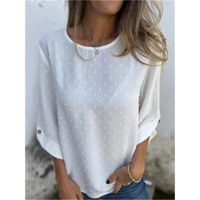 SolidColorCasualWomen'sShirtinRefinedStyle,ElegantMinimalistRoundNeckShirt-Blouses & Shirts