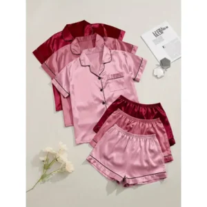 3 sets 3-Piece Satin Pajama Set for Women: Short Sleeve Lapel Top & Elastic Waistband Shorts Loungewear Nightwear Casual Fabric