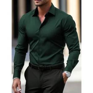 Men's Fashion Green Long Sleeve Dress Shirt - Polyester Fiber, Semi-Transparent, Button, Turn-Down Collar| Ideal for business and formal occasions| Easy to care for, hand wash or dry clean, multifunctional men's clothing| Fashion Turn-down Collar| Glo