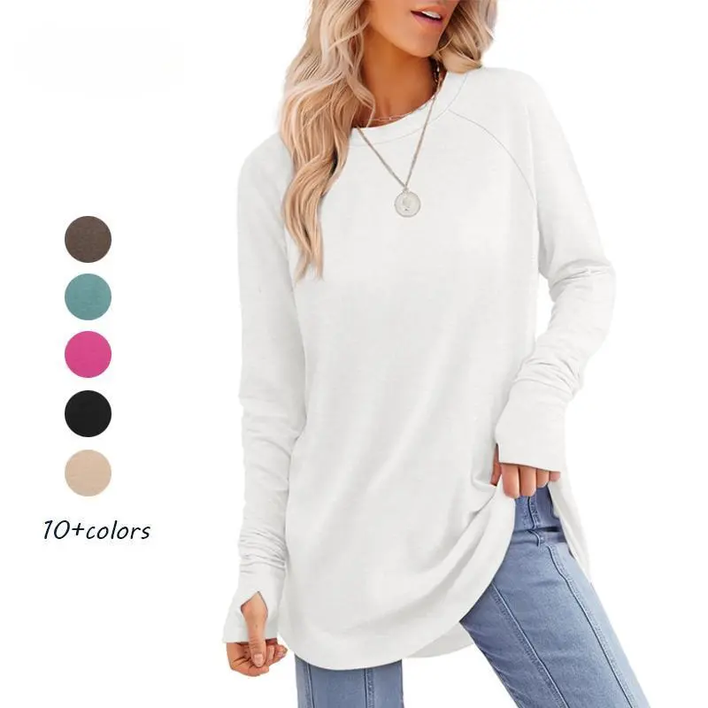 Womens Tunic Tops to Wear with Leggings Long Sleeve Thumb Hole Shirts Crew Neck Curved Hem Casual Fit