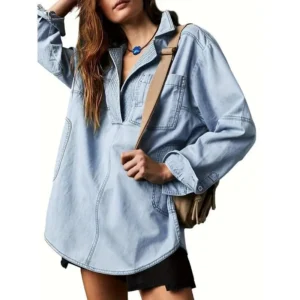 Charming Women's Denim Pullover Casual Shirt - V-Neck Design, Loose Long Sleeves, Denim Jacket Style, Intimate Pockets - For Women - Suitable for Casual Wear - Perfect Gift for Fashionable Ladies