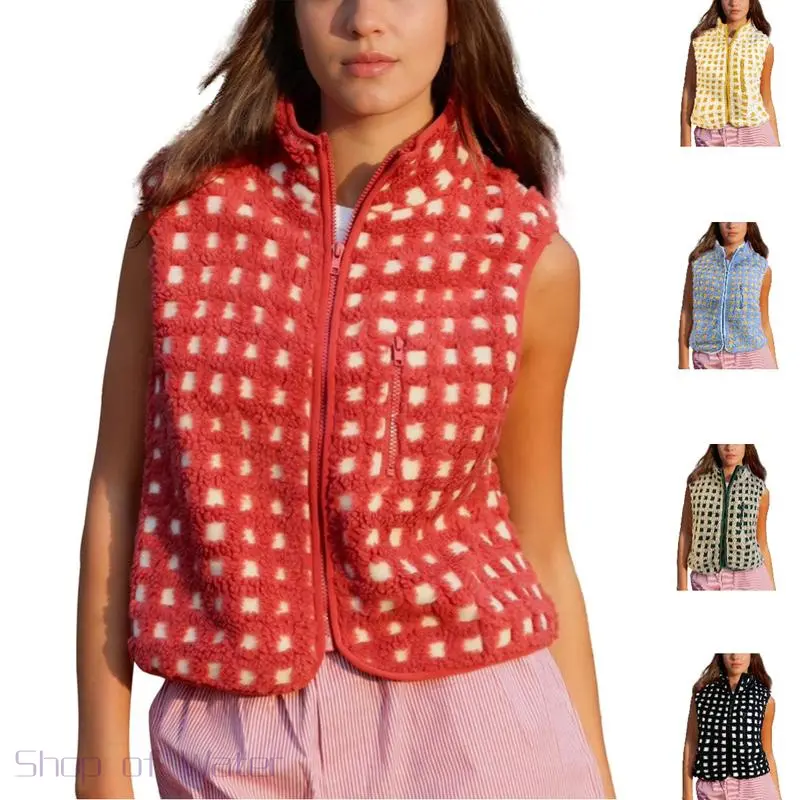 Boho tops for women Checkered Sherpa Vest Sleeveless Fleece Jacket High Neck Zip Up Plaid Gilet with Chest Pocket Casual Piece running vest
