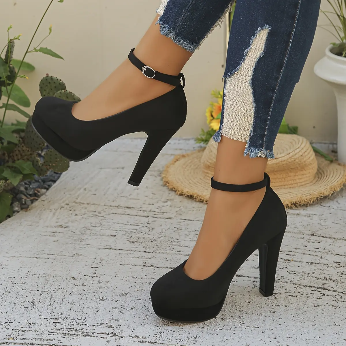 Black Velvet High Heel Pumps with Ankle Strap - Professional Women's Dress Shoes, Round Toe Platform Heels for Work & Events, Comfortable Faux Cover Lining, Rubber Sole, Hand Wash or Dry Clean, Stiletto Heels undefined undefined