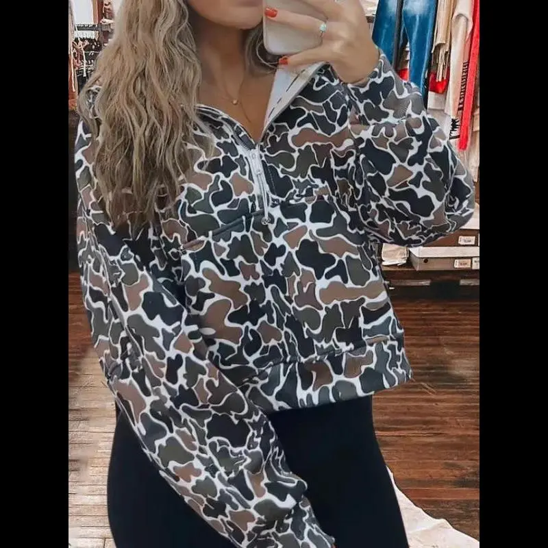 Stay Cozy in Style with our Half Zip-Up Print Sweatshirt camo - Shop! No. 217 Casual Hoodie