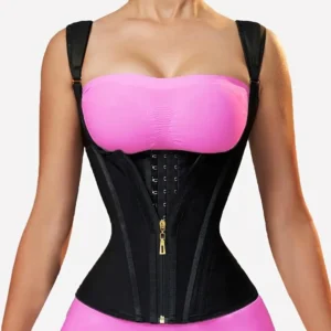 Women's Waist Trainer Corset | Adjustable Straps & Steel Bone Support Double Compression Body Shaper with Zipper Closure Sleek Black, Smooth Latex Fabric Tummy Control Vest for Enhanced Posture and Waistline, Shaping Wear Secur Abdominal Belt Shapewear