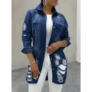 Women's Denim Jacket, Distressed Ripped Button Sexy Style, Casual Long-Sleeved Denim Jacket Womenswear Coats Collared Dark Blue Tops Basic
