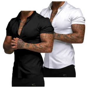 JMIERR Mens 2 Pack Muscle Fit Dress Shirts Casual Button Down Shirt Short Sleeve Wrinkle-Free Shirts  Shortsleeve Menswear Top Beige Biker Plain Wetsuit Aesthetic Black/White