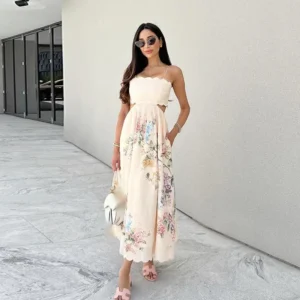 Summer Women's Dress Personalized Street Cream Printed Suspender Hollow Dress Casual Fabric