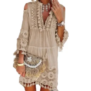 New Spring Embroidery Crochet Lace Boho Dress Women Elegant Off Shoulder Tassel Ruffle Mini Dress Summer V Neck Lady Beach Dress