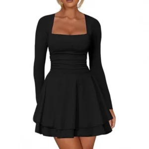 Women's Square Neck Ruffle Hem Mini Dress Ruched Waist Long Sleeve Corset Short Party Dresses Lady Comfort Festival Dress Breathable Womenswear Birthday Dress, Daily Dress, Dinner Dress, Christmas Dress, Vacation Dress, Halloween dress