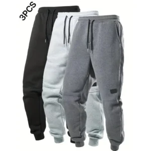 3pcs Men's Casual Solid Color Joggers, Men's Drawstring Pants With Pockets For Sport And Casual Wear