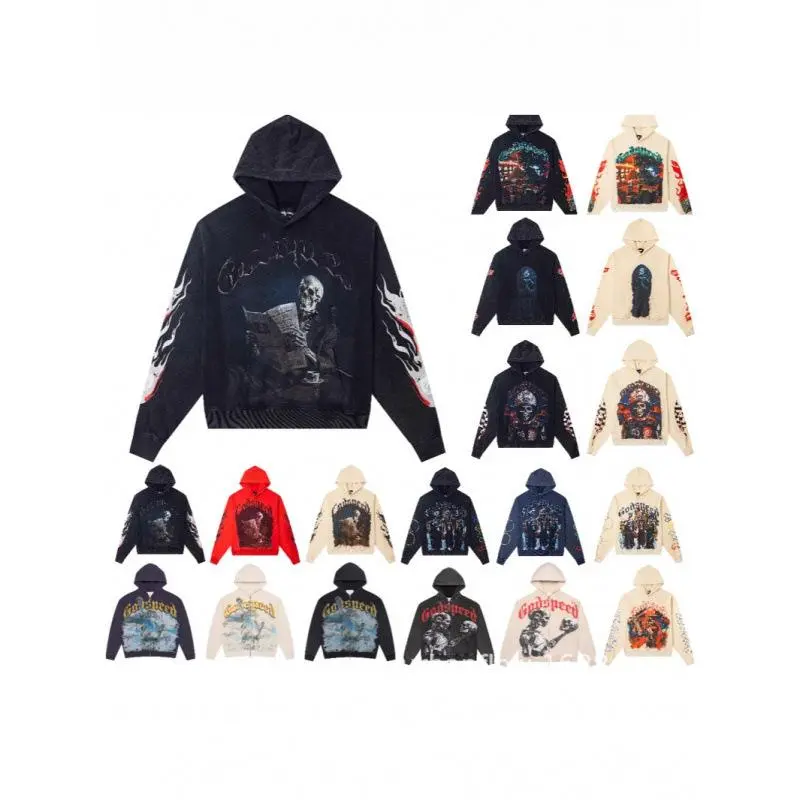 Godspeed Cross-Border 25ss Autumn Winter New Direct Print Washed Retro Pure Cotton Hip-Hop Trendy Hoodie Sweatshirt(Raincoats)