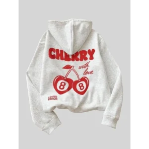 Women's Cherry & Letter Print Longsleeves Hoodie, Trendy Loose Fashion Casual Drawstring Pocket Hooded Cute Sweatshirts for Holiday Outdoor Wear, Limited Edition, Women Clothing, Going Out Tops, Graphic Hoodie, Loose Womenswear, Classic Fit Hoodie