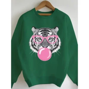 Women's Plaid Green Tiger Bubble Gum Pattern Sweatshirt - Casual Round Neck, Long Sleeve, 100% Polyester Pullover, Machine Washable - Perfect Choice for Autumn/Winter