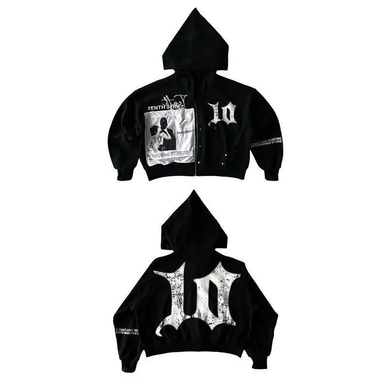 Black cotton Gothic zip up hoodie Harajuku fashion unisex jacket stylish hoodie, 2000s designer clothing zip up hoodie Easter tops fit casual trendy fabric womenswear comfortable soft sweatshirts pullover long sleeve fitted loose Athletic Chic