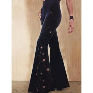 Plus Size Gothic Flare Leggings with Celestial Print - Polyester Blend, Medium Stretch, Casual Style, Fall/Winter Collection, Black Fabric Knit