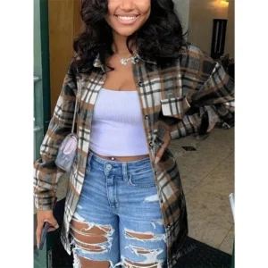 Ladies' Casual Commuting Plaid Front Button Up Shirt, Casual Long Sleeved Lapel Shirt, Suitable For Spring, Autumn, And Winter Wear,Long Sleeve Tops Fabric Womenswear