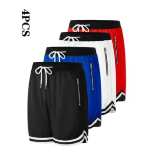 4pcs Men's Casual Athletic Shorts With Zipper Pockets - Breathable Polyester, Elastic Waistband, Multi-Color Basketball & Sports Wear, Machine WashableLZJ