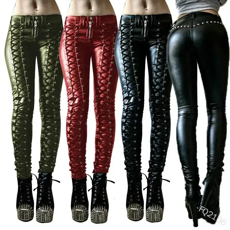 5XL Large Size Leggings Punk Gothic PU Leather Pencil Pant Women Sexy Skinny Trouser Lace Up Rivet Zipper Retro Long Biker Pants