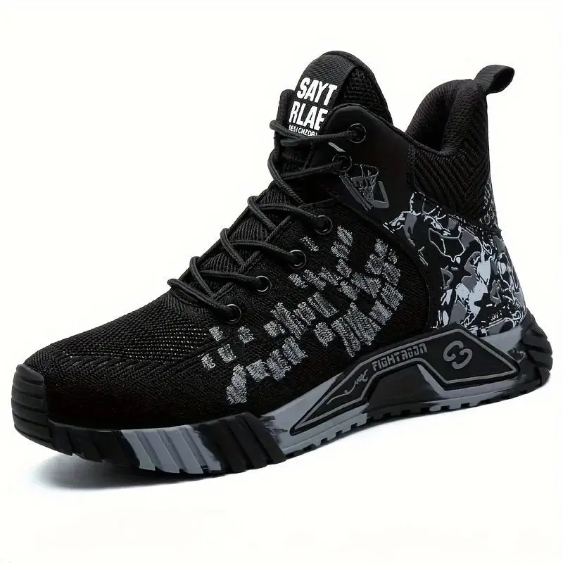 High-Top Safety Work Shoes with Steel Toe Cap - Puncture-Resistant Kevlar Midsole, Breathable Fabric Upper, Durable Rubber Outsole - Slip-Resistant, Comfortable All-Season Footwear for Construction & Industrial Use, Black with Graffiti Accents(Raincoats)