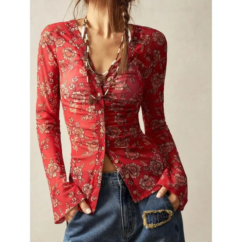 Bohemela Boho Vintage Knit Lace V-Neck Flared Sleeve Blouse For Women, Bohomian Style Vacation Outfits, Simple Fashion Casual Everyday Wear Womenswear Top