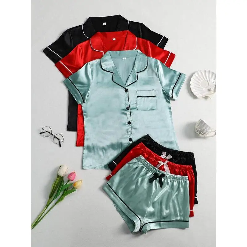 6 piece set women's contrast binding satin pyjama set, casual pocket shirt & Bow decor lounge shorts pajamas set, elegant pajama, comfortable sleepwear set for women Loungewear Womenswear Homewear Pjs Basic Minimalist Multicolor1 Shortsleeve(Raincoats)