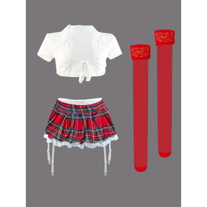 Preppy Plaid Print Cosplay Costume Set: Tie Front Top & Mini Skirt with Garter Belt Stockings Womenswear