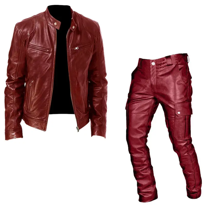 Men's Autumn and Winter Suit Leather Clothing Leather Pants Two-piece Set PU Leather Casual Suit Medieval Clothing