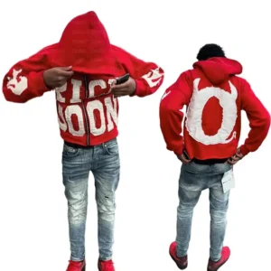 Manfinity EMRG High Street Letter Embroidery Printed Zipper Hoodie, Fun Pattern Men's Sweater, Red Men's Cardigan Sweater, Printed with "RICH SOON" funny hoodie hoodie unisex menswear top casual human operator zip  up  hoodie(Raincoats)