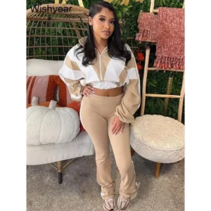 Fashion Patchwork Long Sleeve Zipper Crop Jacket and Skinny Pencil Pants Two Piece Set Woman Tracksuit Jogger Sports Outfits Clothes Womenswear