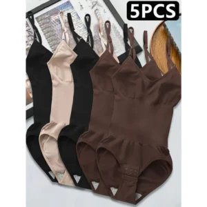 5pcs Women's Seamless Shapewear Bodysuit with Abdominal Compression & Hip Lifting - Tummy Control, No Padding, Stretchy Nylon-Spandex Blend, Black/Brown/White/Beige/Navy Blue, Perfect for Travel & Casual Attire, Comfort Undergarment |   Closefitting Shap