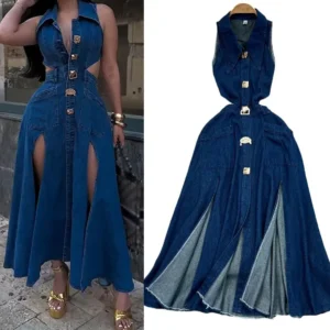 Turn-down Collar Hollow Waist-cinching Slimming Sleeveless Single-breasted A-line Split Denim  Casual Long  part dress slim short sleeve doubleslit maxi grey tank party high big breast low gown back fancy spring midsize outfits aesthetic homecoming