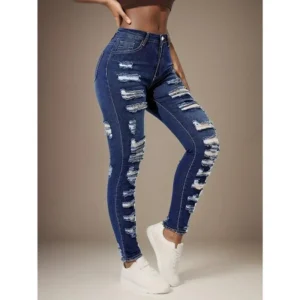 2025 New Fashion Women's Ripped Skinny Jeans, High-Waisted Stretch Denim Pants, Fashionable Street Style, Slim Fit Ladies